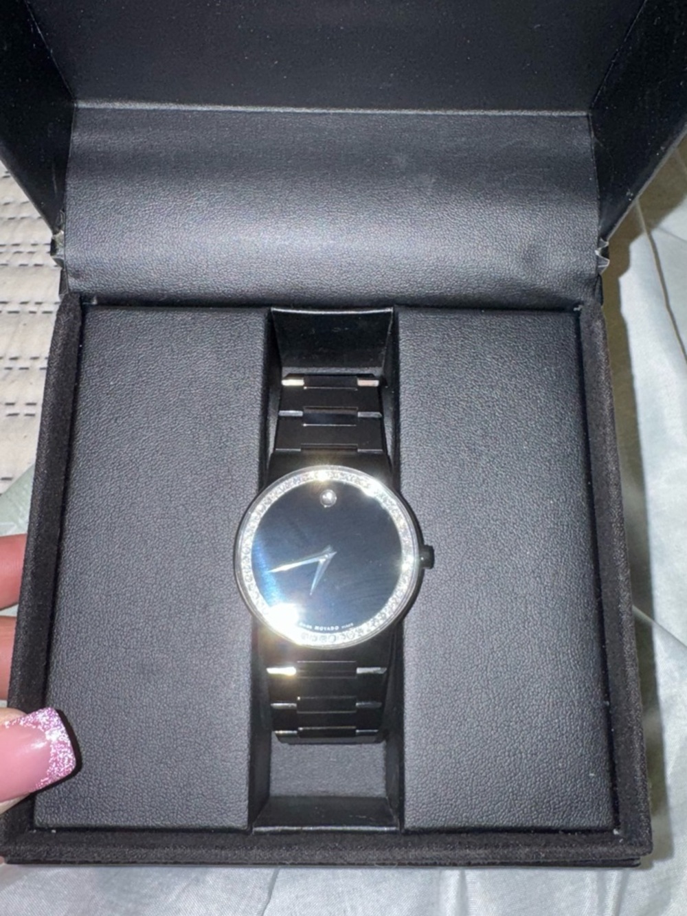 Movado Safiro Black Dial Black Bracelet Watch with 0.12 carat diamonds